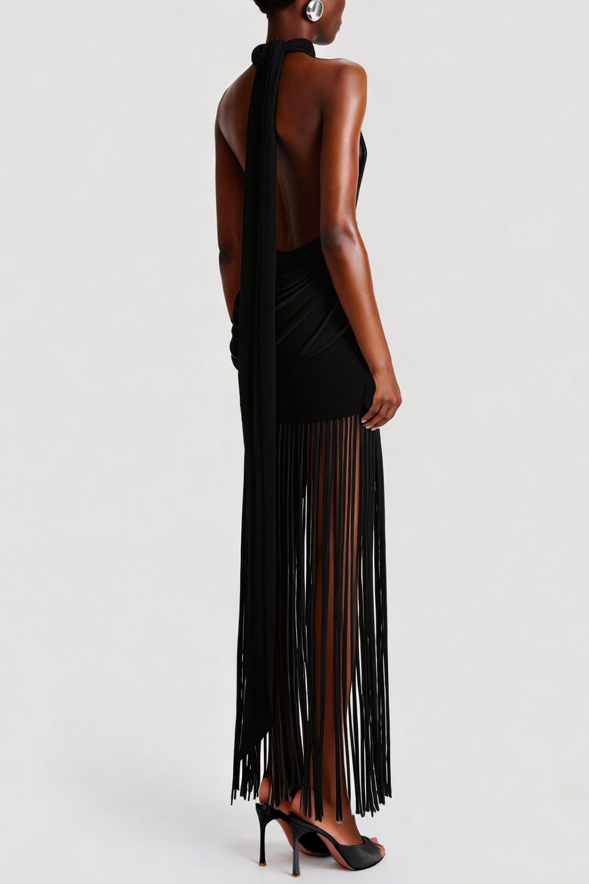 Leto Halter Draped Fringe Maxi Dress - Black