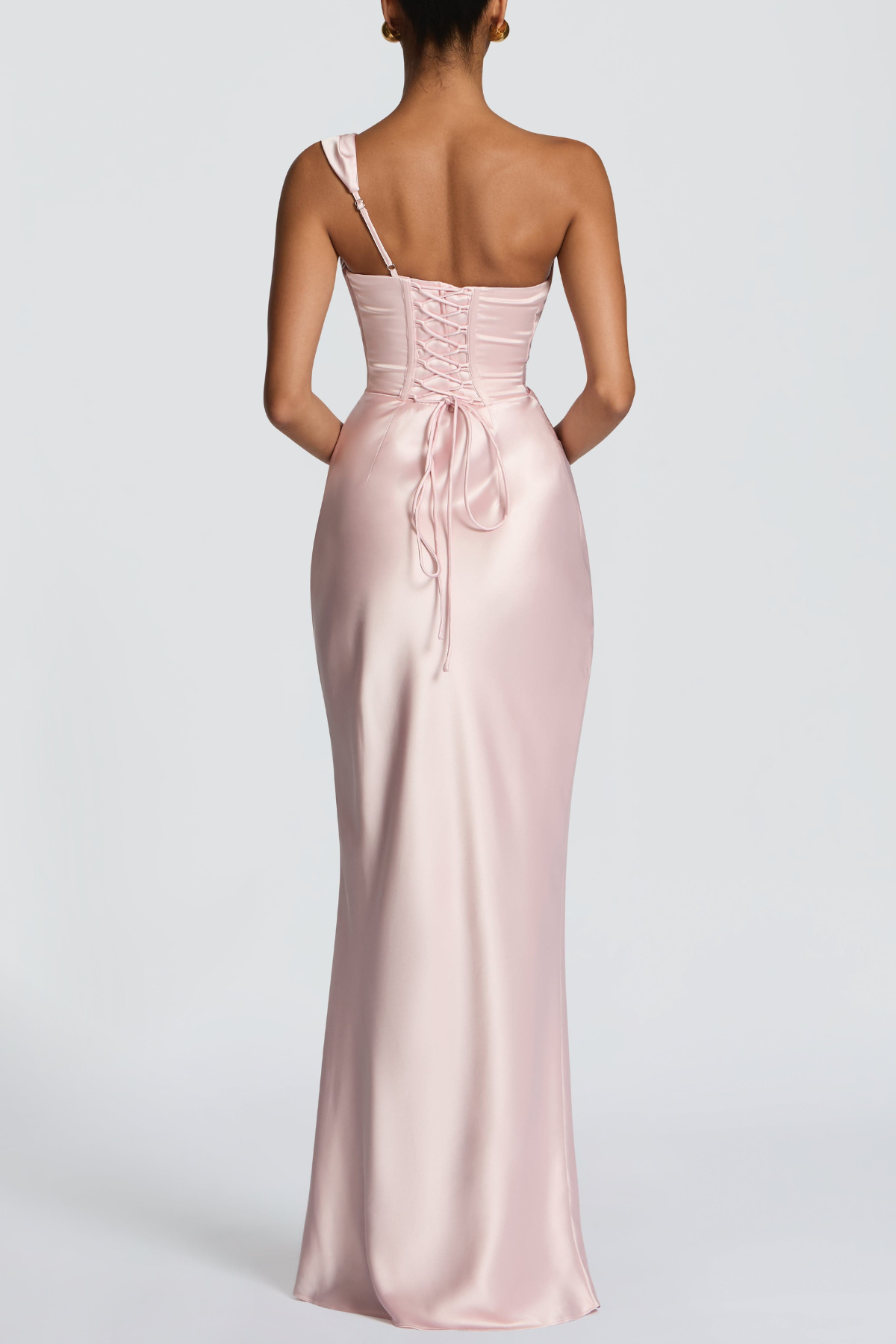 Levana One Shoulder Corset Satin Maxi Dress - Pink