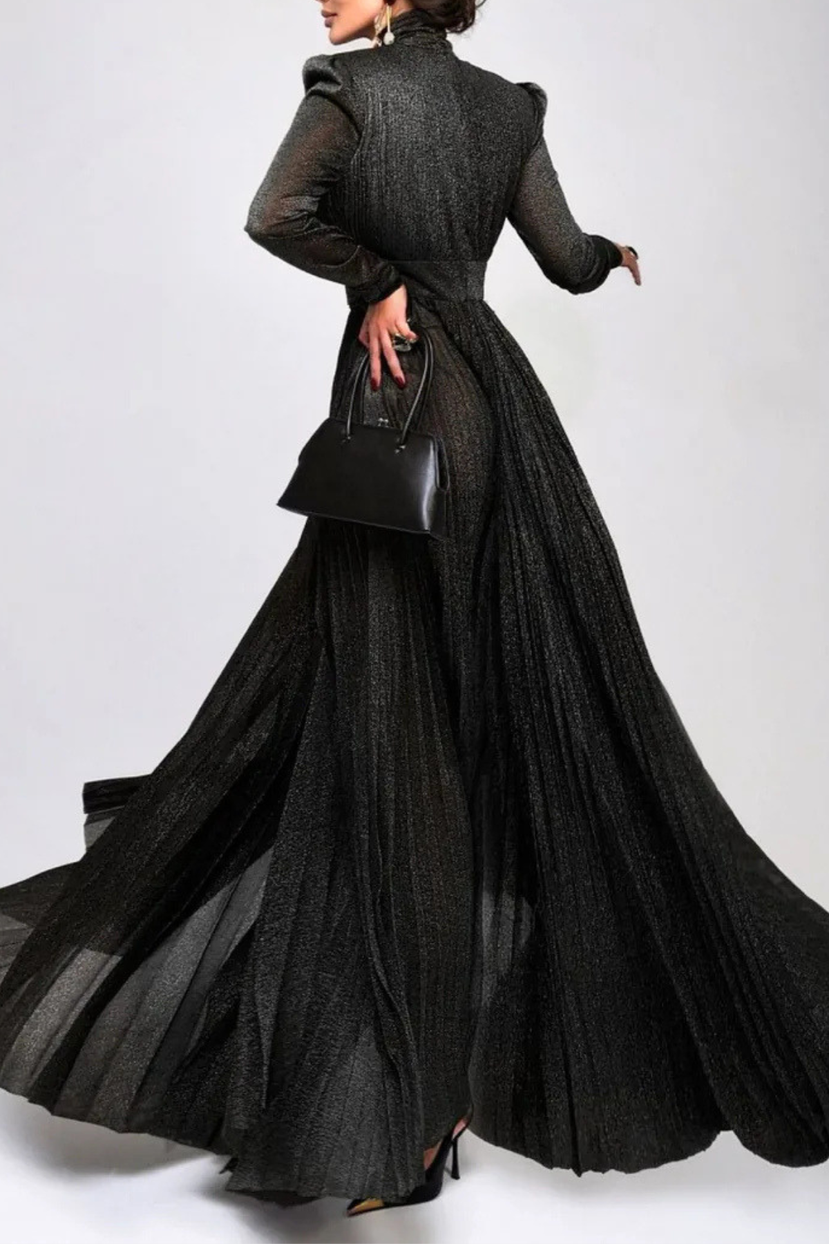 Leyaia Metallic Pleated Belted Maxi Dress - Black