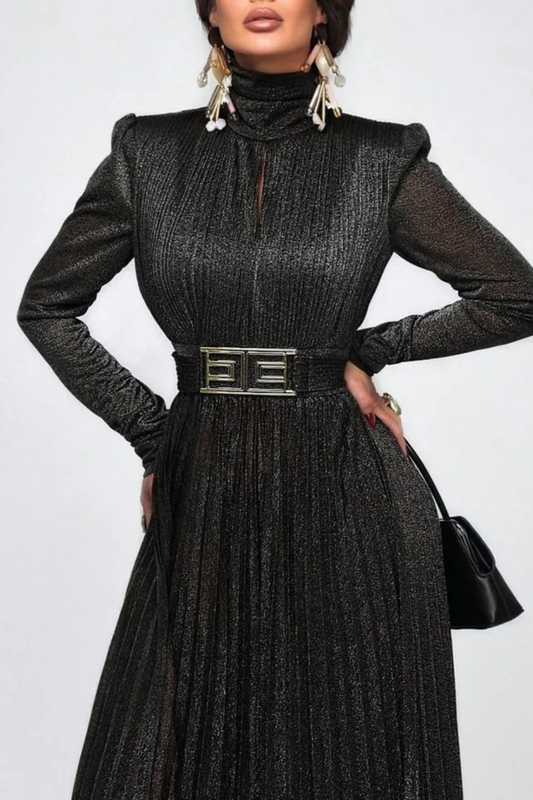 Leyaia Metallic Pleated Belted Maxi Dress - Black