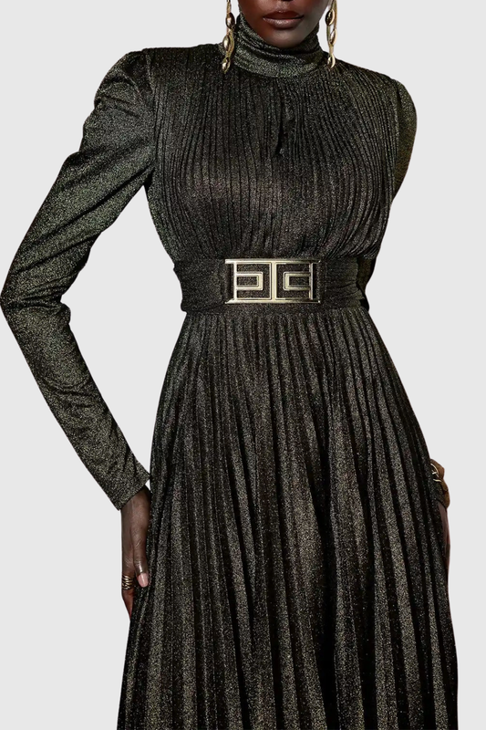 Leyaia Metallic Pleated Belted Maxi Dress - Gold