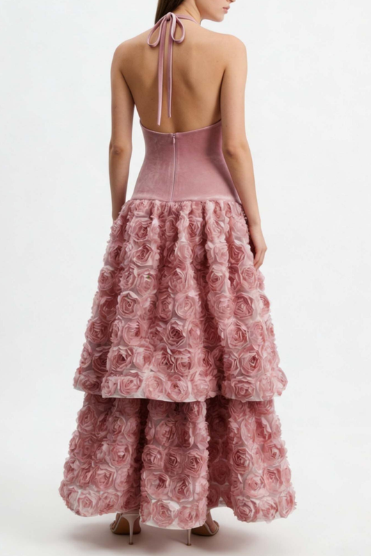 Likara Halter Floral Appliqué Midi Dress