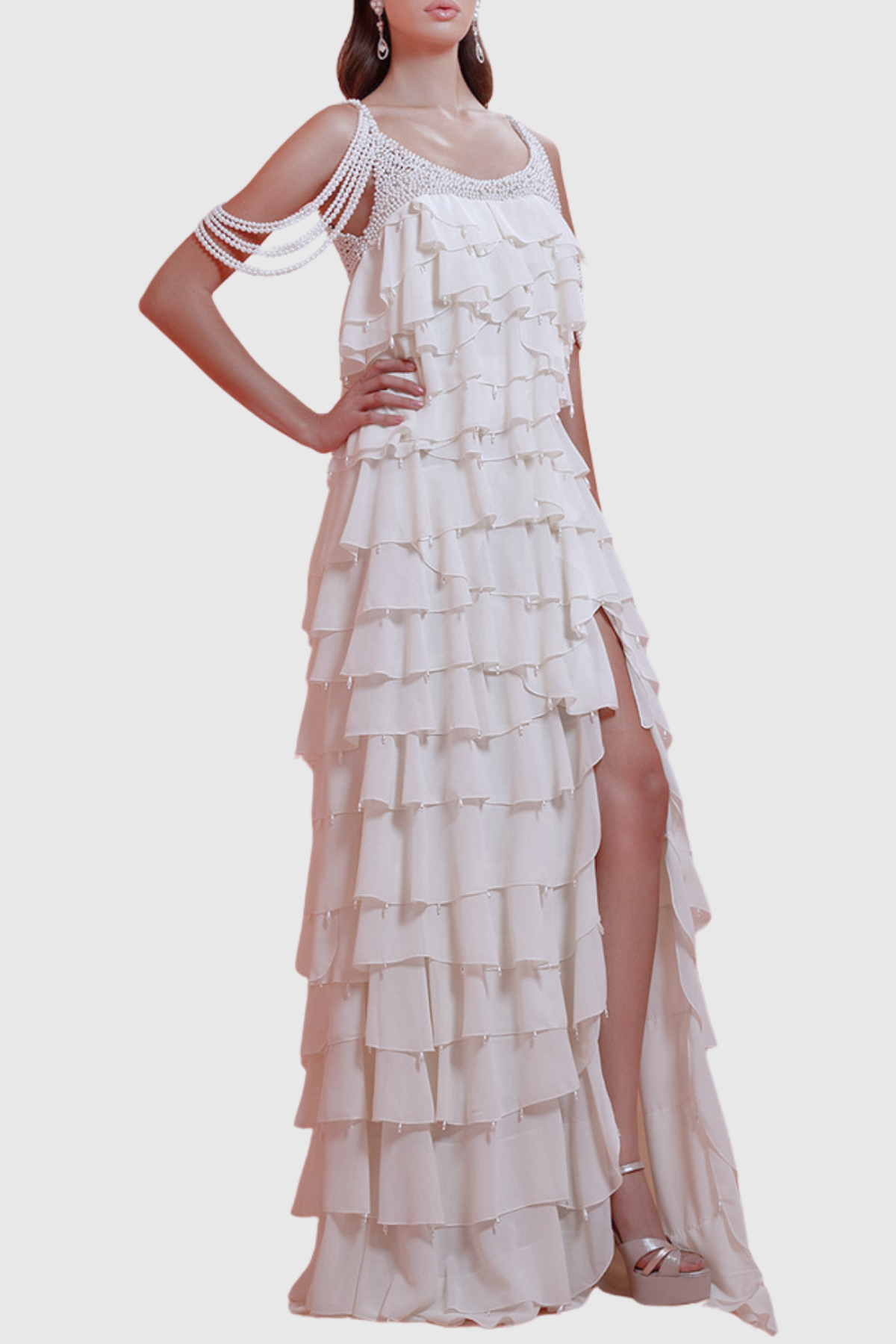 Loetha Pearl Embellished Ruffle Maxi Dress
