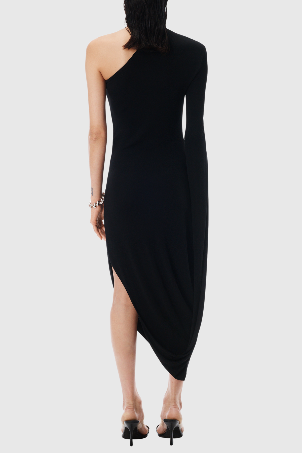 Lokio One Shoulder Asymmetric Draped Midi Dress - Black