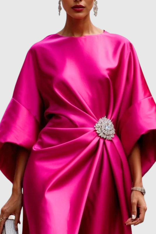 Lorena Crystal Satin Midi Kaftan Dress - Pink