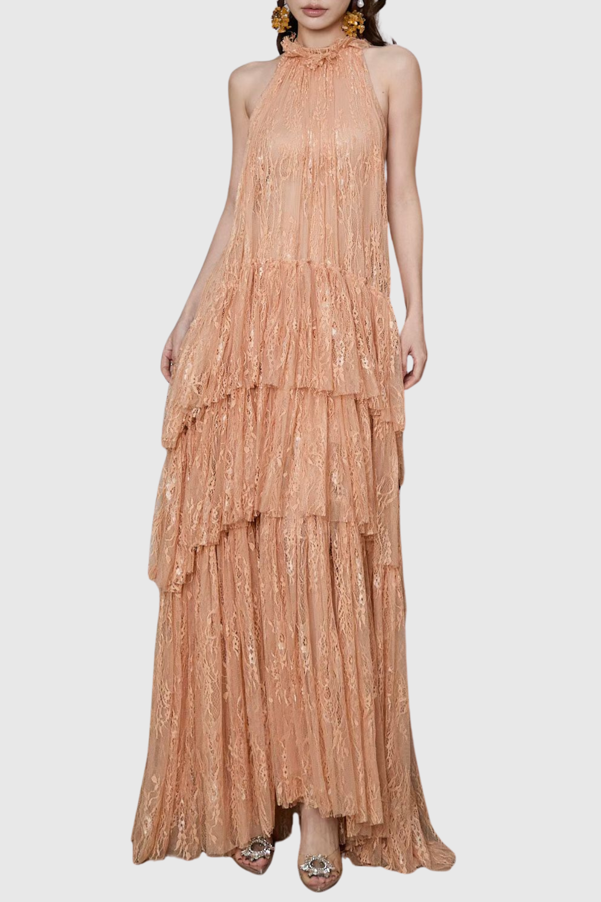 Loursa Lace Sleeveless Ruched Maxi Dress - Apricot