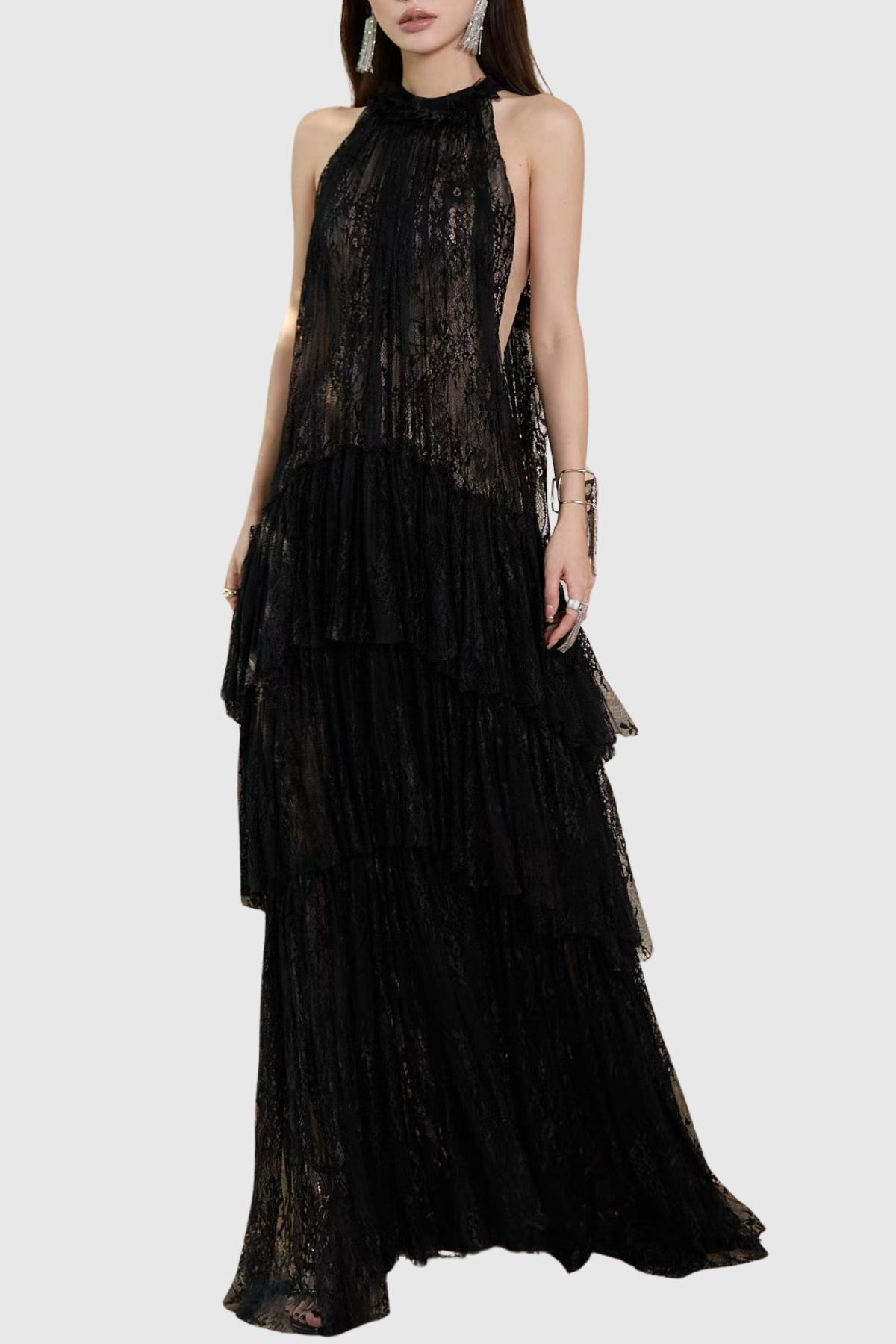 Loursa Lace Sleeveless Ruched Maxi Dress - Black
