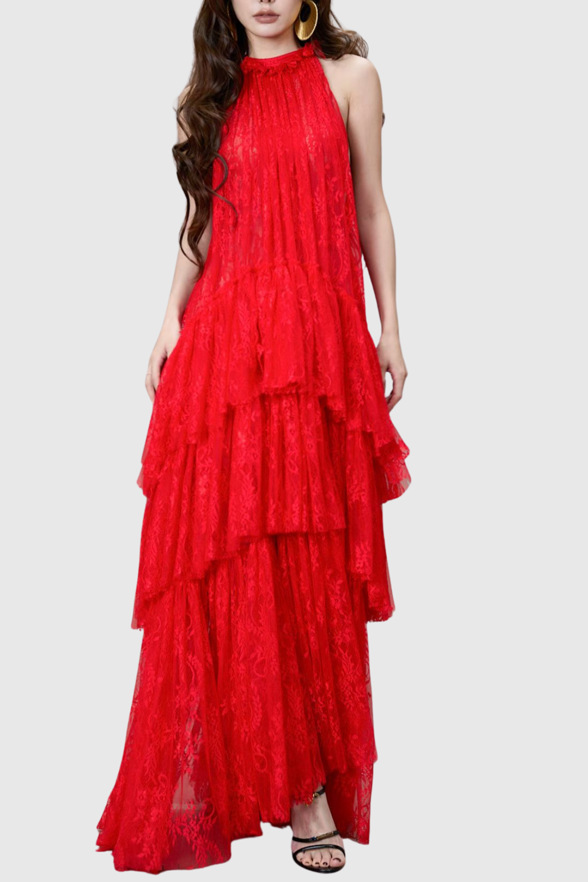 Loursa Lace Sleeveless Ruched Maxi Dress - Red