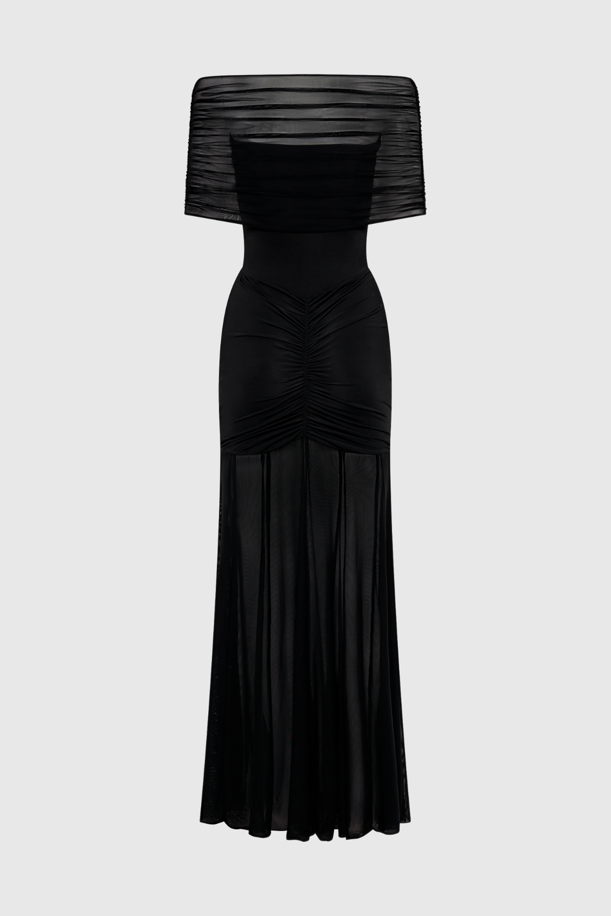 Loxley Off Shoulder Mesh Ruched Maxi Dress - Black