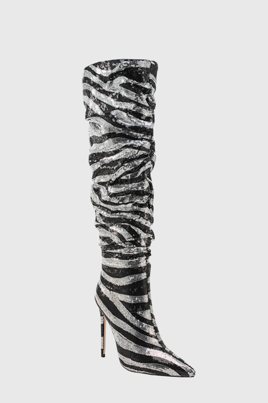 Lycan Zebra Sequin Ruched Knee High Boots