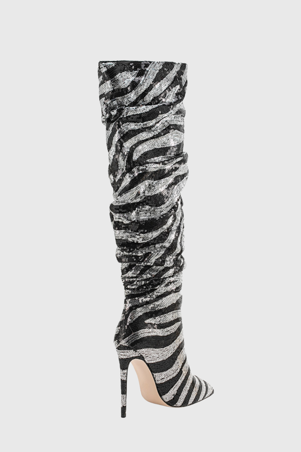 Lycan Zebra Sequin Ruched Knee High Boots