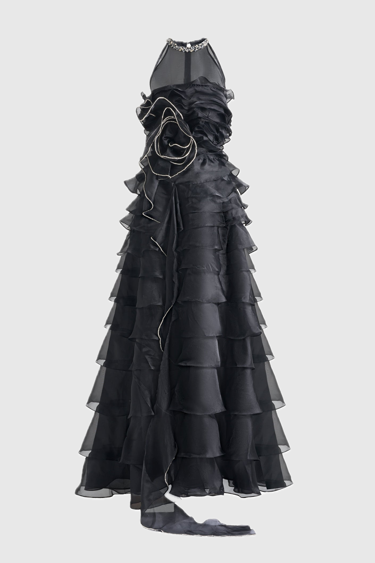 Lysses Floral Crystal Ruffle Sleeveless Maxi Dress - Black