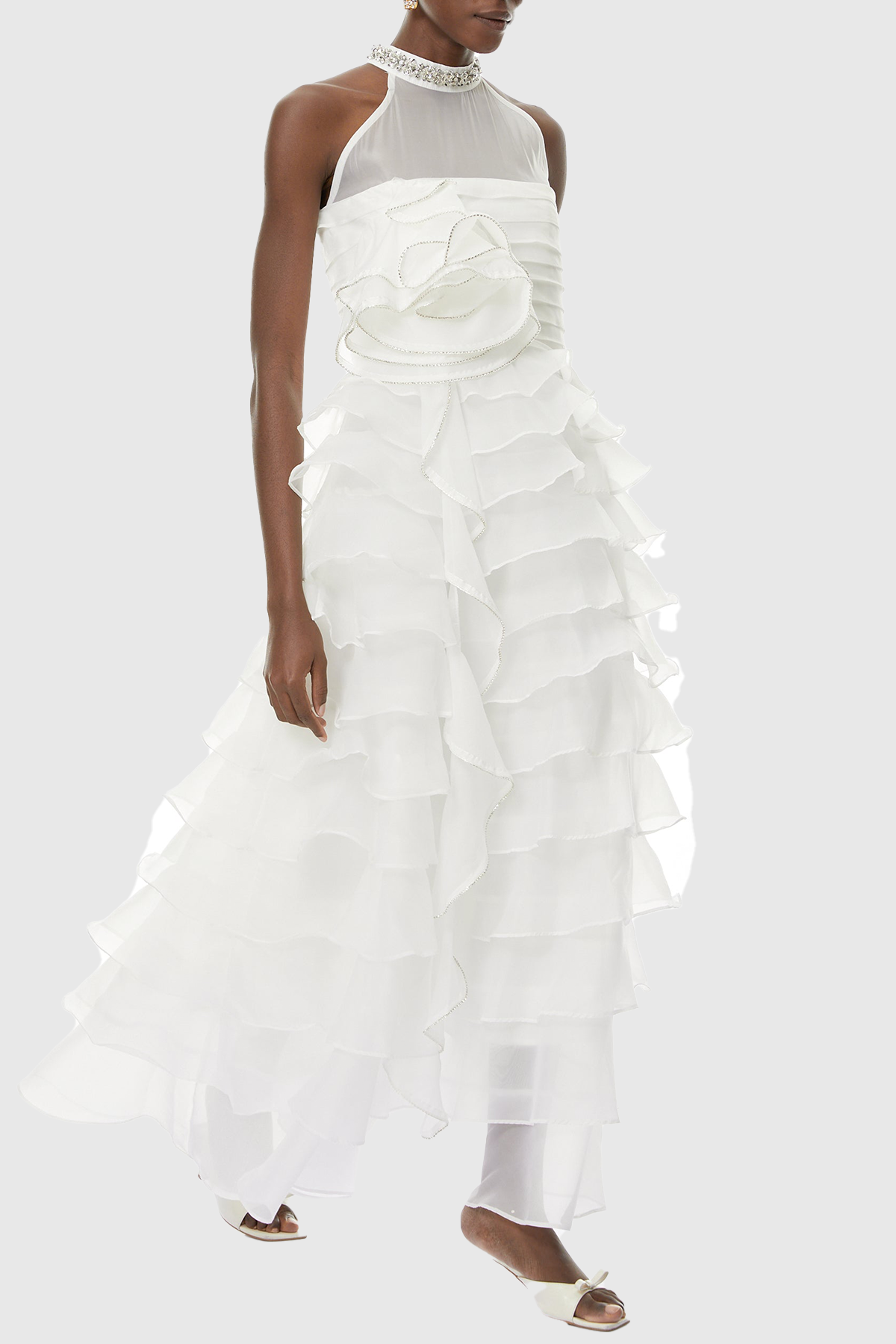 Lysses Floral Crystal Ruffle Sleeveless Maxi Dress - White
