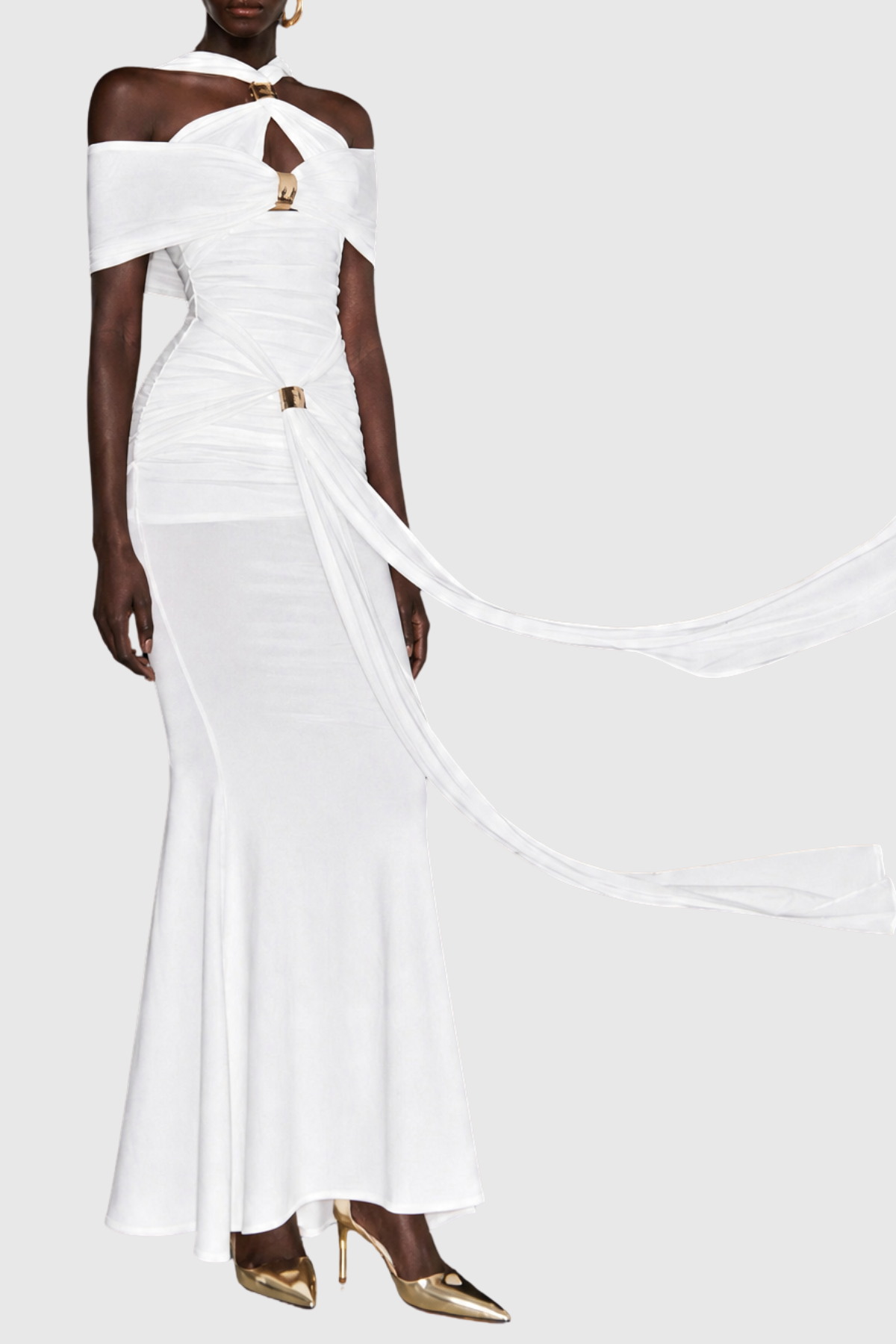Malinz Off Shoulder Cutout Ruched Maxi Dress - White