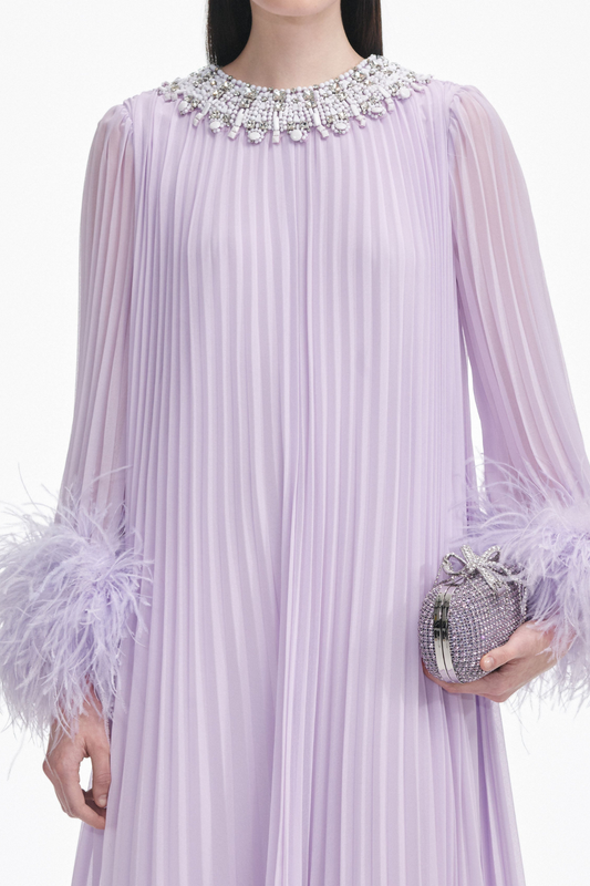 Manja Crystal Collar Feather Pleated Maxi Dress - Purple