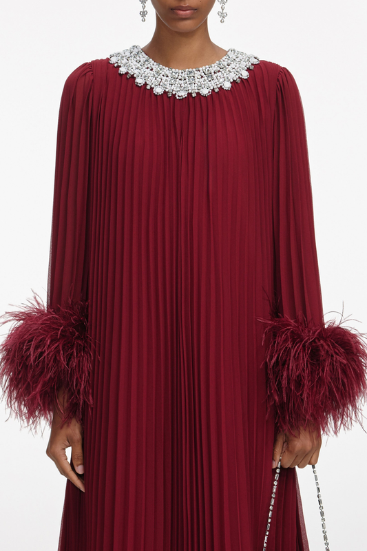 Manja Crystal Collar Feather Pleated Maxi Dress - Wine