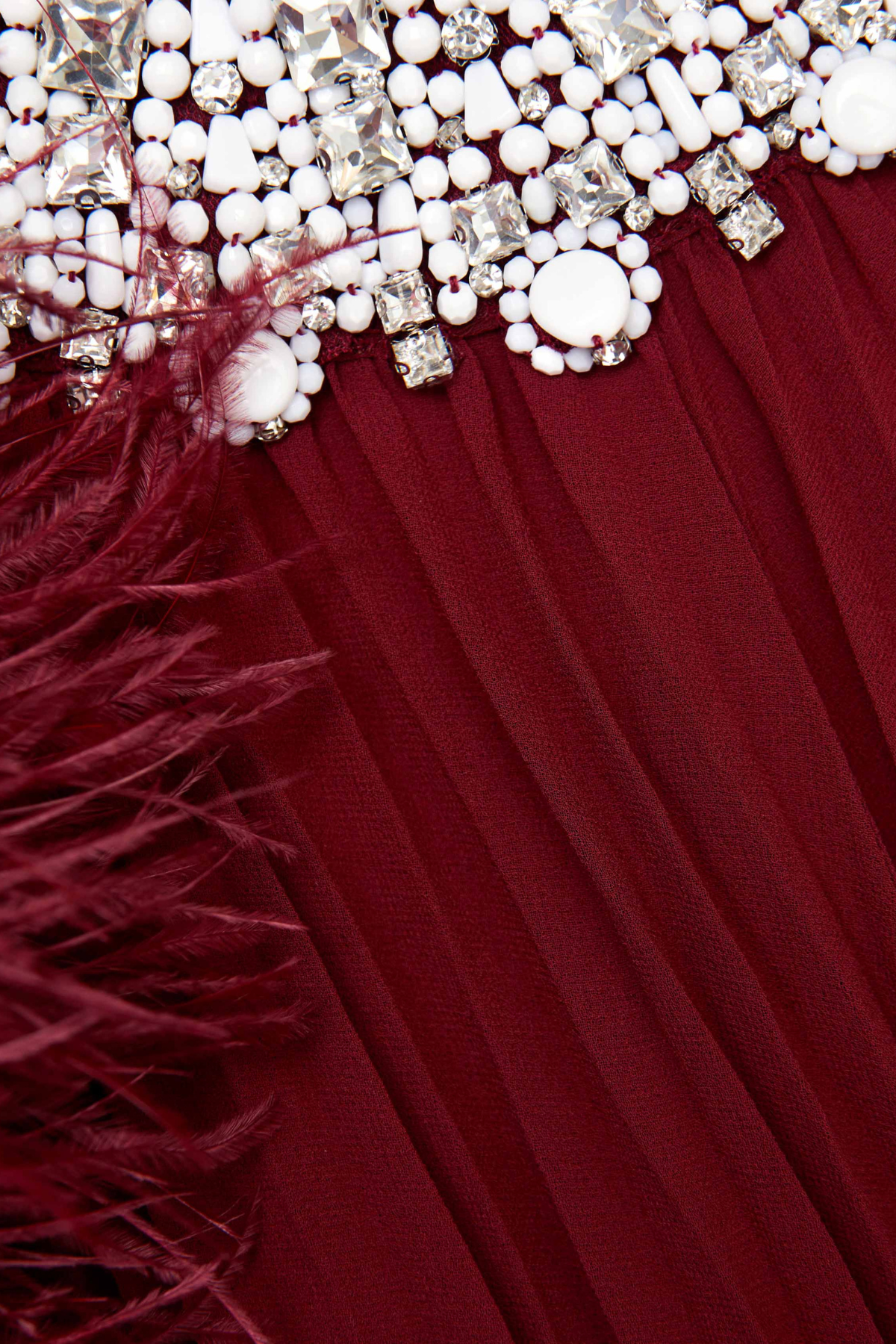 Manja Crystal Collar Feather Pleated Maxi Dress - Wine