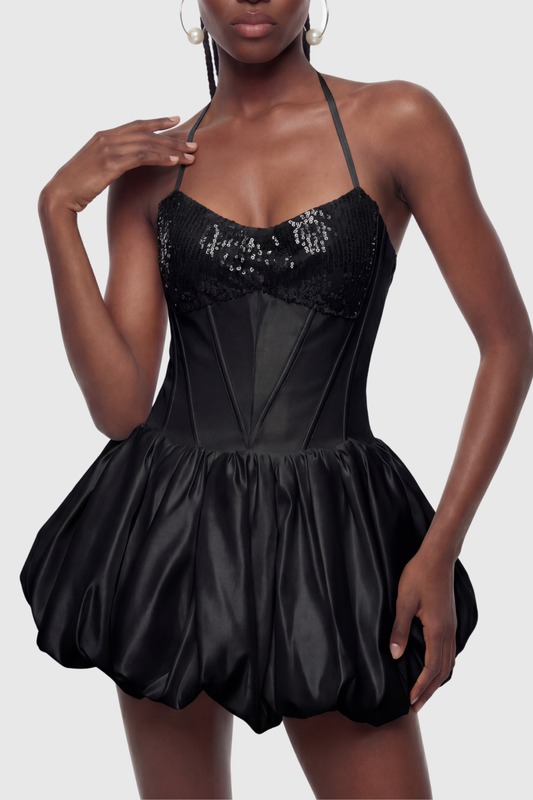 Manoa Sequin Corset Puffy Mini Dress - Black