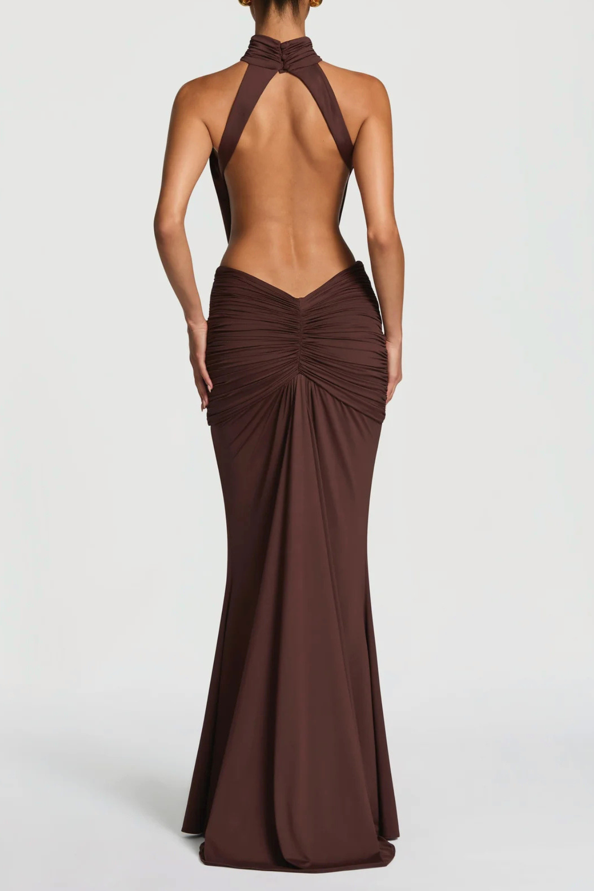 Marlaia Halter Ruched Backless Maxi Dress - Brown