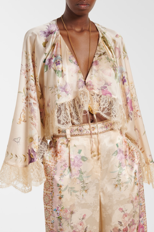 Mibara Floral Print Lace Trim Blouse