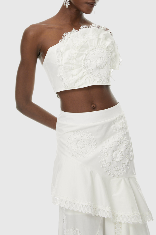 Mikae Floral Appliqué Top & Midi Skirt Set - White