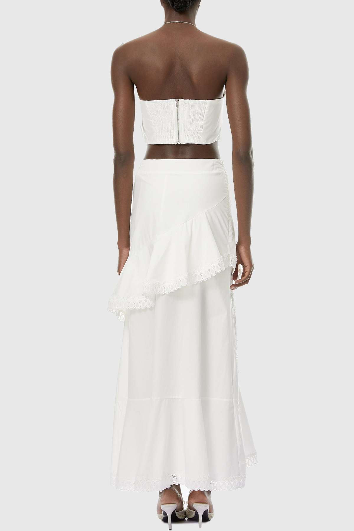 Mikae Floral Appliqué Top & Midi Skirt Set - White