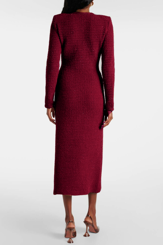 Mikya Waffle Knit Embellished Midi Dress - Wine