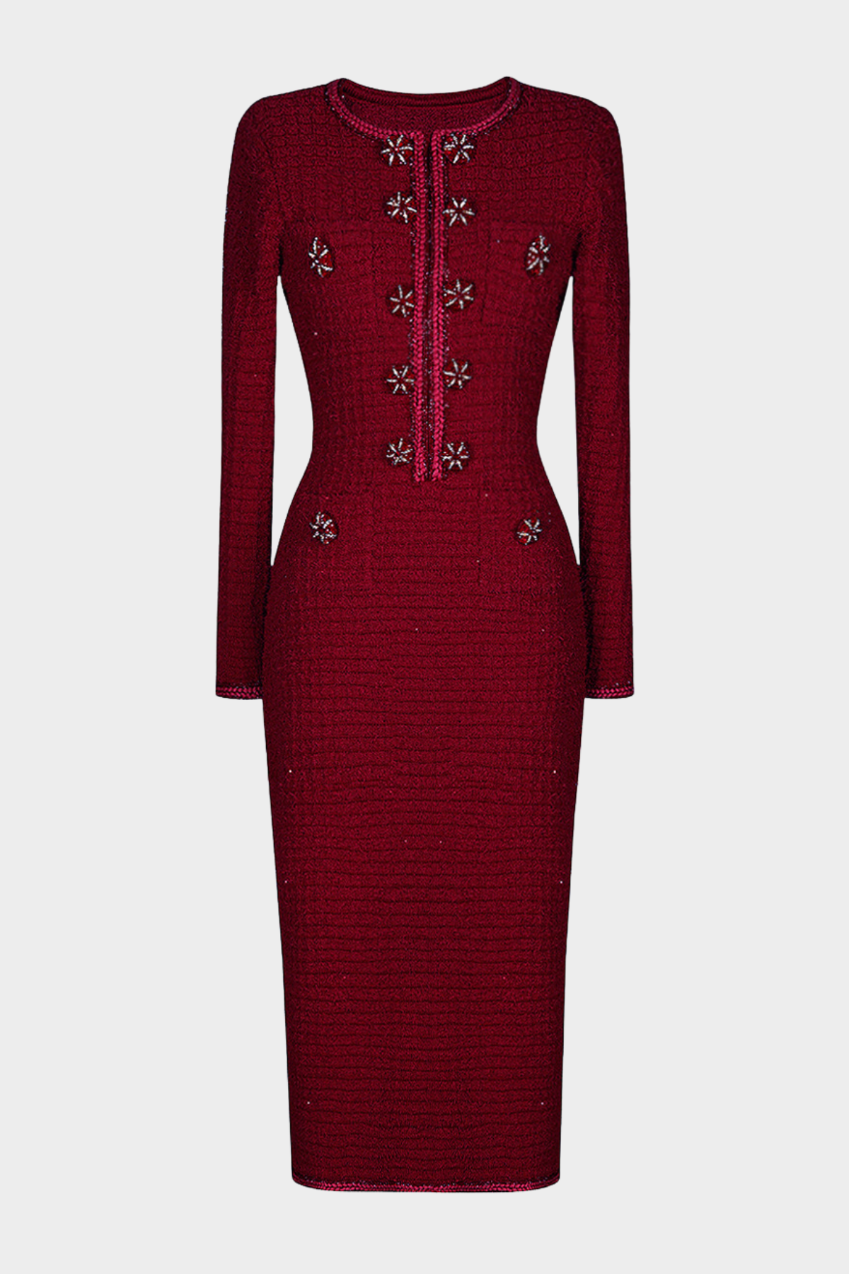 Mikya Waffle Knit Embellished Midi Dress - Wine