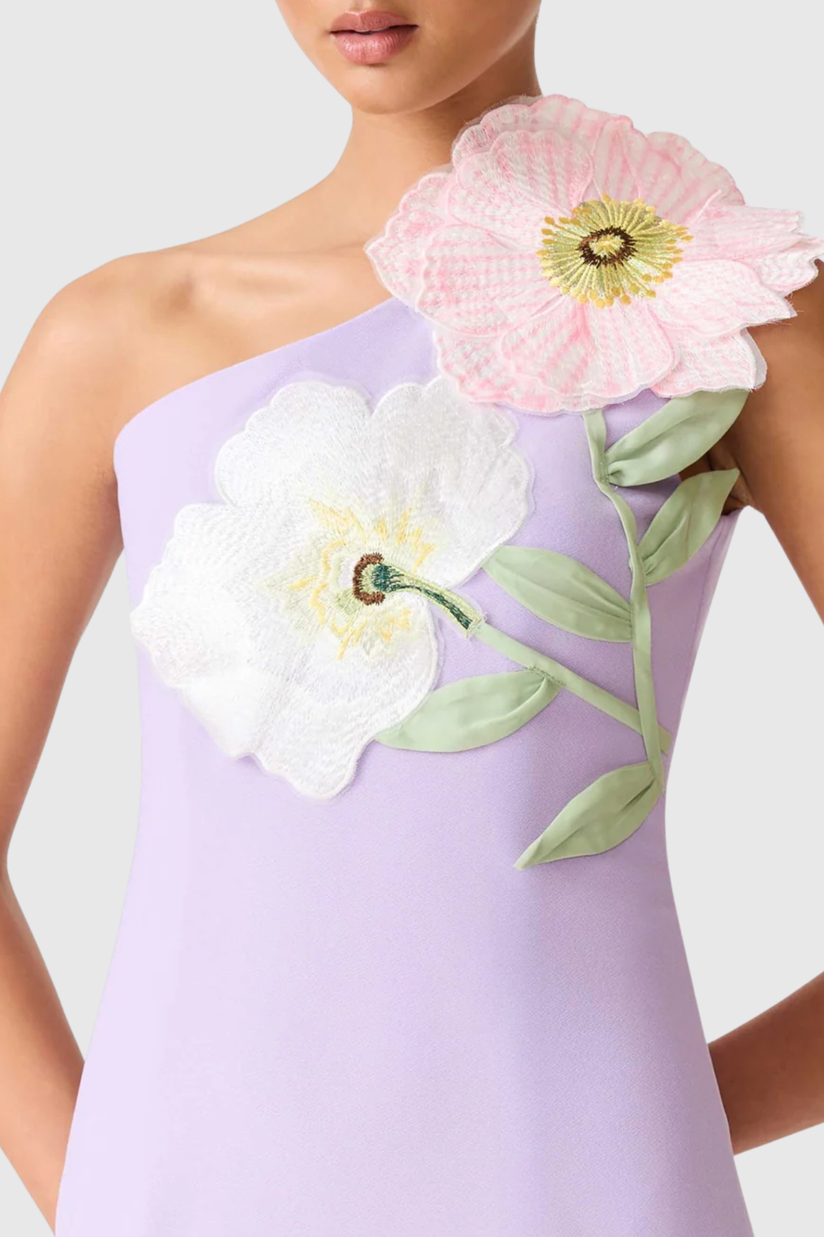 Mimoza Floral Appliqué One Shoulder Mini Dress - Purple