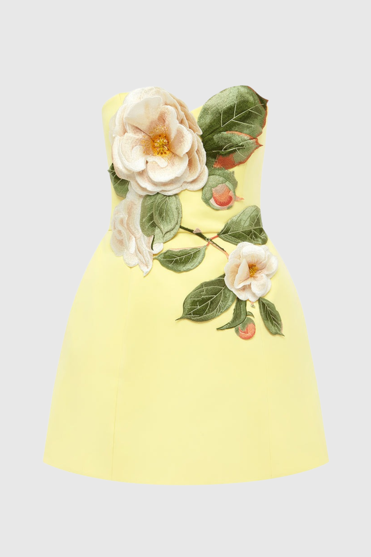 Mimoza Floral Appliqué Strapless Mini Dress - Yellow