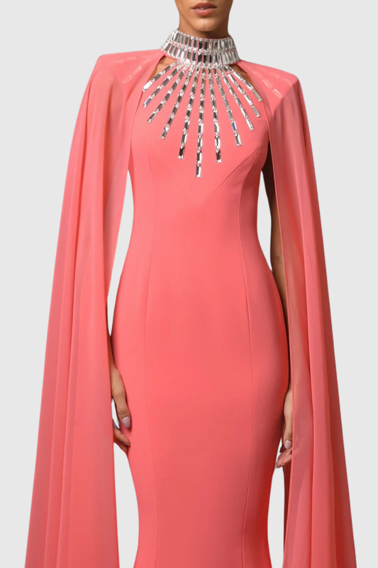Mirren Crystal Cape Sleeve Maxi Dress