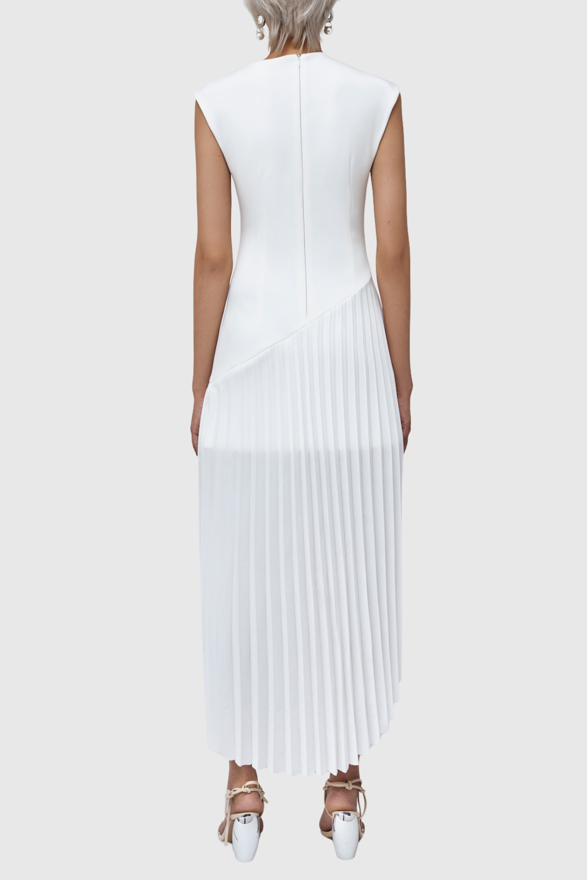 Misa Sleeveless Asymmetric Pleated Midi Dress - White