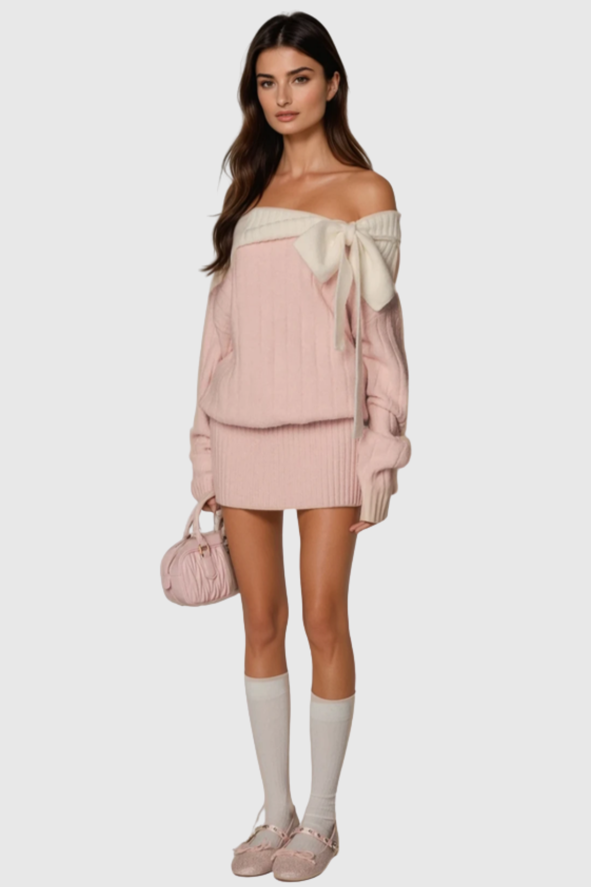 Misael Off Shoulder Bow Knit Mini Dress - Pink