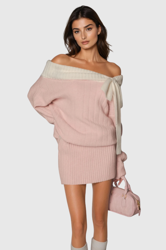 Misael Off Shoulder Bow Knit Mini Dress - Pink