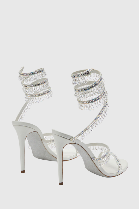Mistya Rhinestone Ankle Wrap Heel Sandals - White