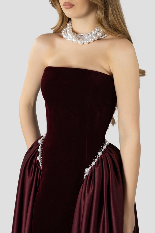 Moloka Strapless Velvet Pearl Embellished Maxi Dress - Wine