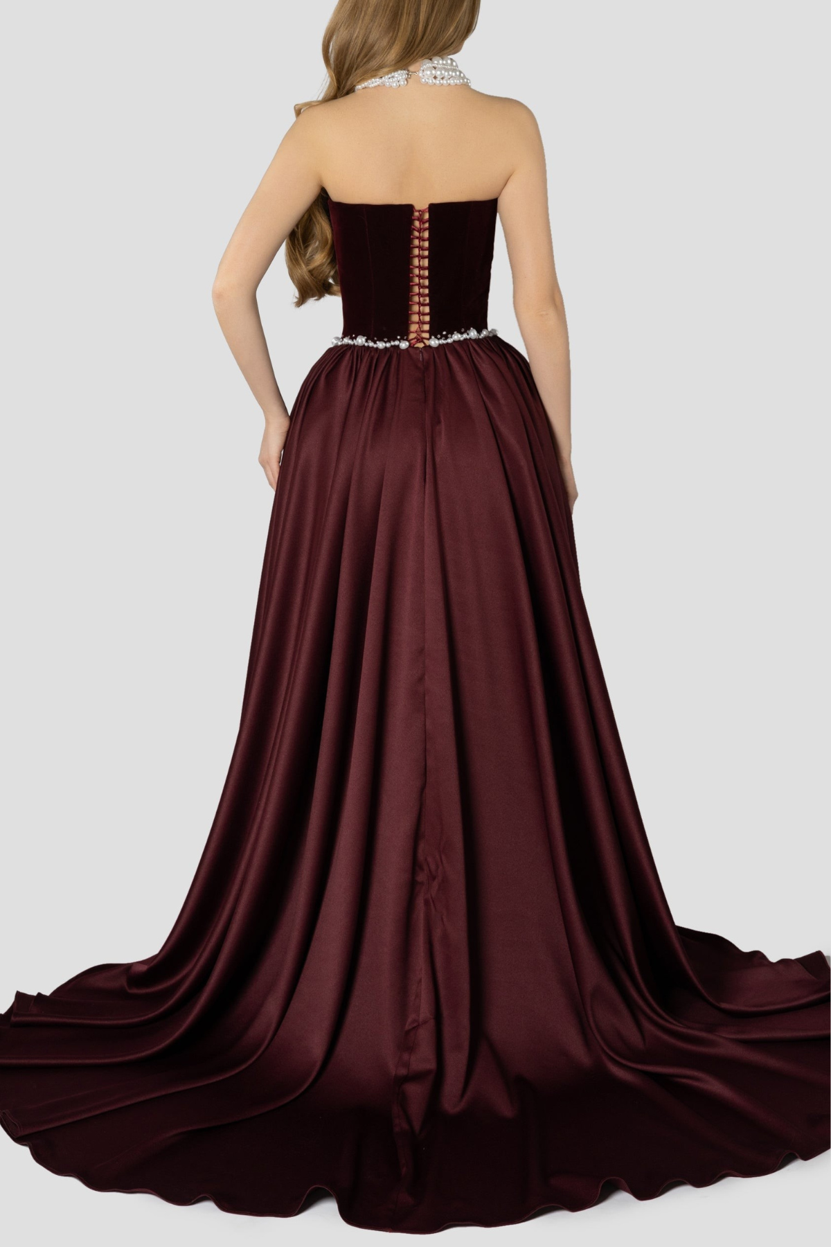 Moloka Strapless Velvet Pearl Embellished Maxi Dress - Wine