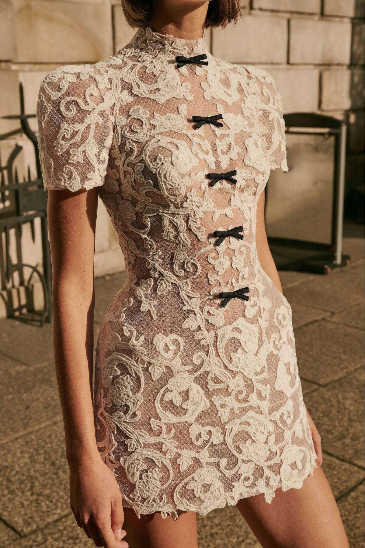 Morticia Floral Lace Bow Mini Dress