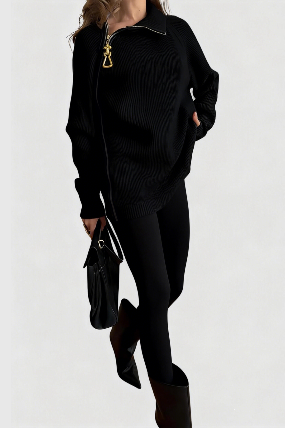 Moses Zip Embellished Sweater & Pants Set - Black