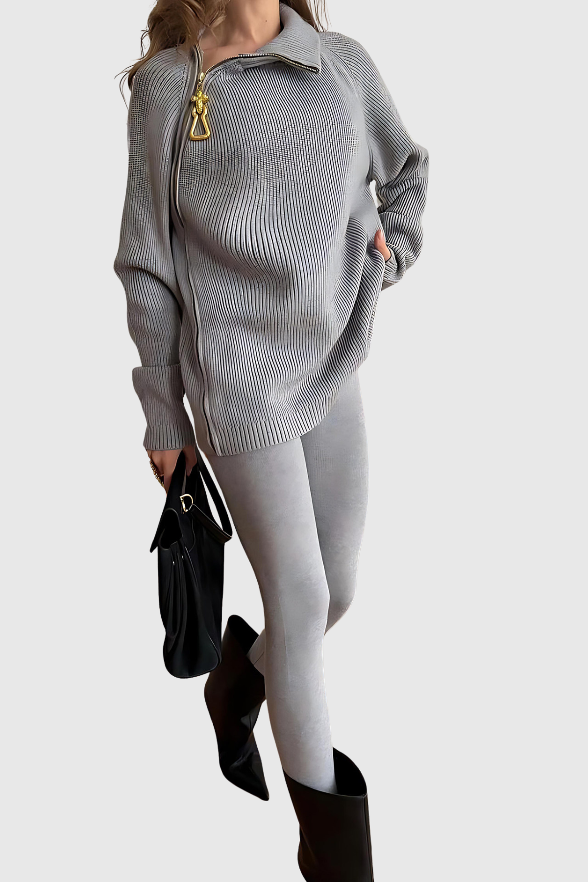 Moses Zip Embellished Sweater & Pants Set - Grey