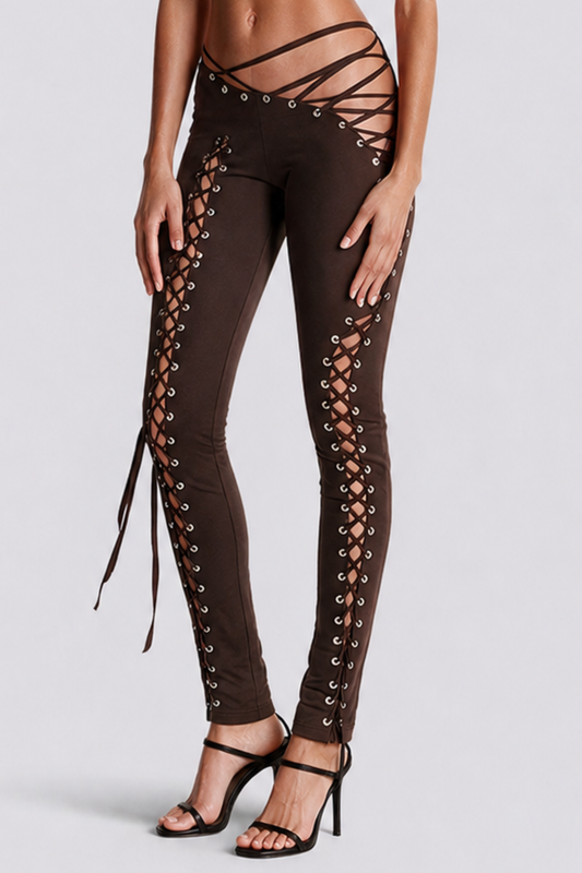 Moxie Halter Top & Lace Up Pants Set - Brown