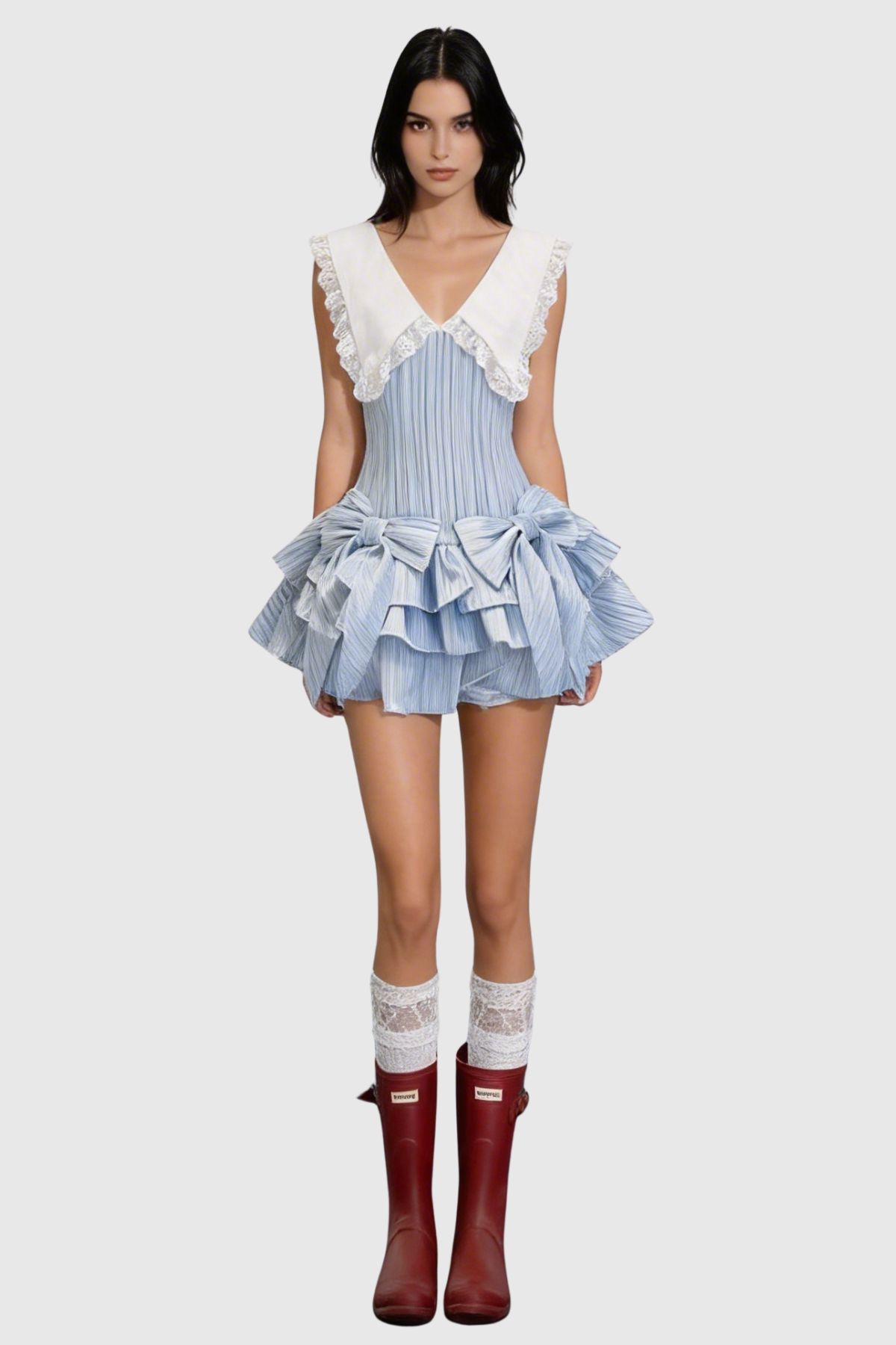 Nalaya Bow Stripe Puffy Mini Dress - Blue