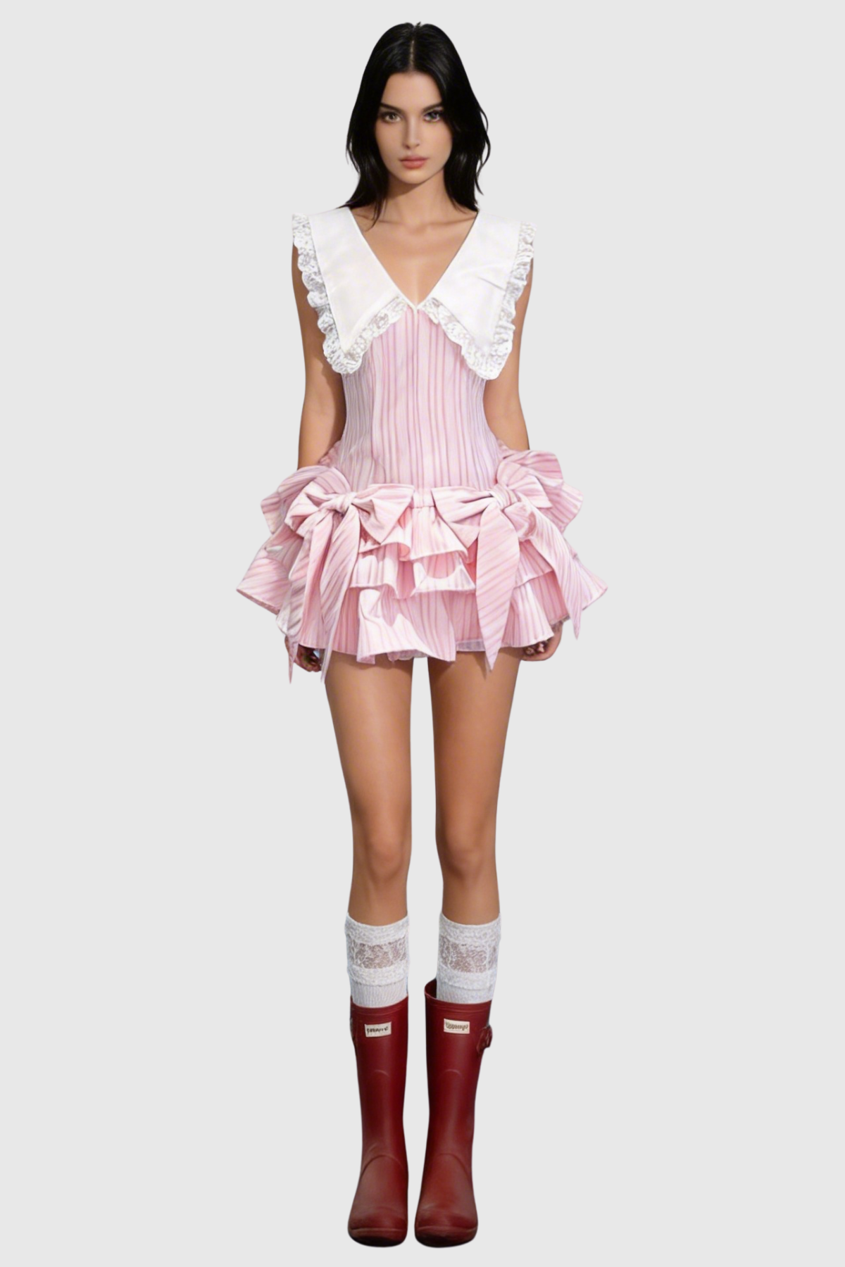 Nalaya Bow Stripe Puffy Mini Dress - Pink