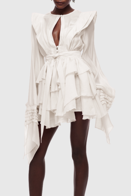 Nalena Ruffle Cutout Mini Dress - Beige