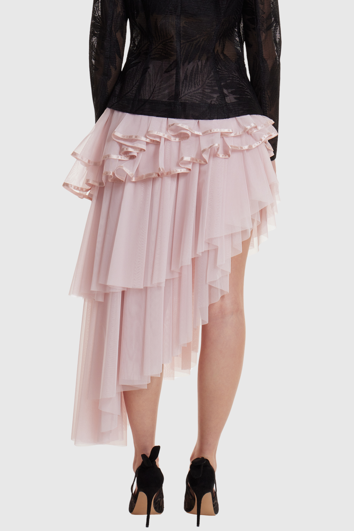 Nanio Asymmetric Mesh Tiered Maxi Skirt