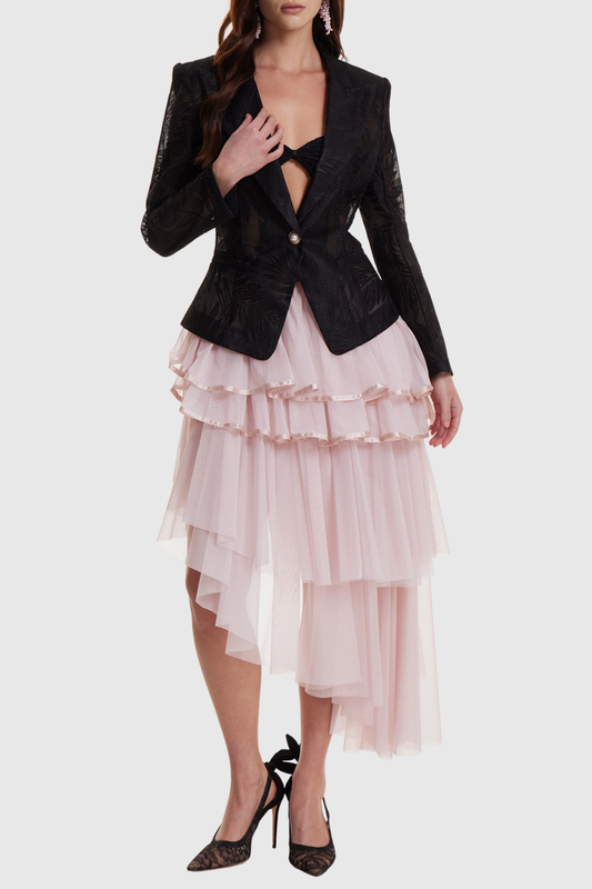 Nanio Asymmetric Mesh Tiered Maxi Skirt