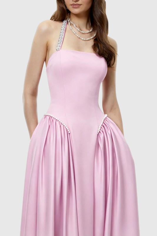 Natalia Pearl Trim Halter Maxi Dress - Pink