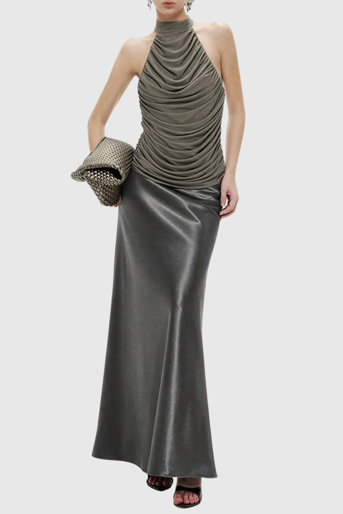 Nataly Sleeveless Ruched Satin Maxi Dress