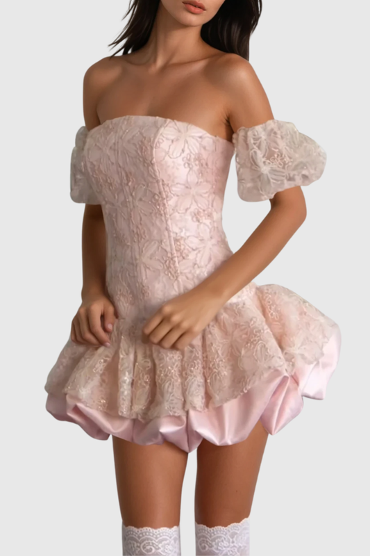 Netuno Floral Lace Strapless Mini Dress - Pink