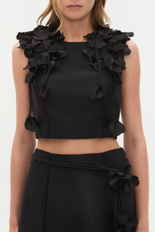 Nicao Floral Appliqué Top & Midi Skirt Set - Black